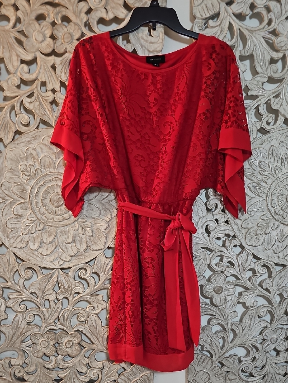 AB Studio Red Lace Mini Dress with Self-Tie Belt